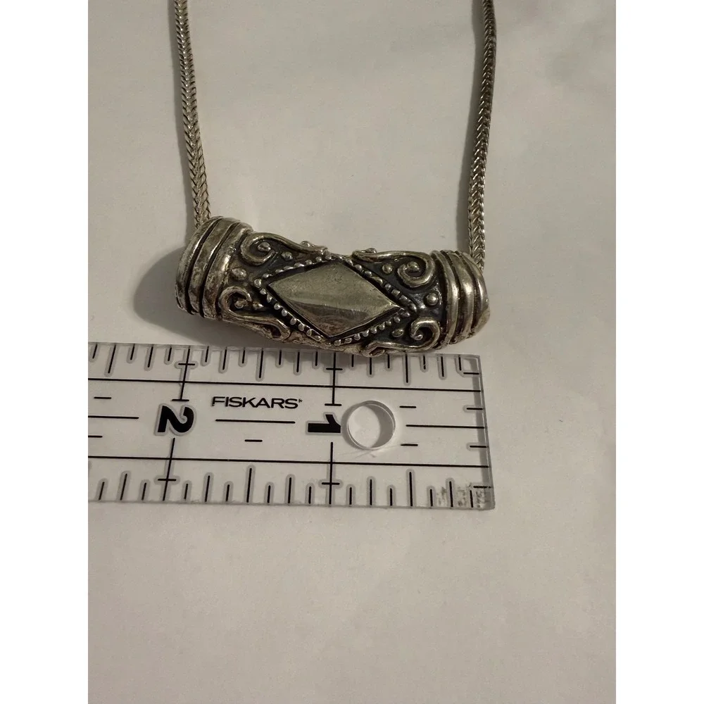 Vintage Ornate Silver Tone Scroll Slide Pendant Wheat Chain Necklace Boho 1.75in